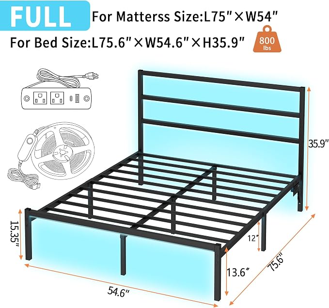 CLIBFENG Full Size Bed Frame with Headboard,Heavy Duty Steel Slats Support-LED Bed Frame with USB Charging Station,Mattress Foundation-Under Bed Storage,No Box Spring Needed,Noise Free，Black