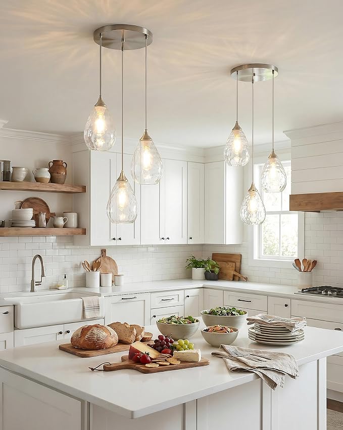 Brushed Nickel Dining Room Chandelier Light Fixture Over Table, Modern 3-Light Pendant Lighting with Hammered Glass, Cluster Hanging Lights for Kitchen Island Dining Room