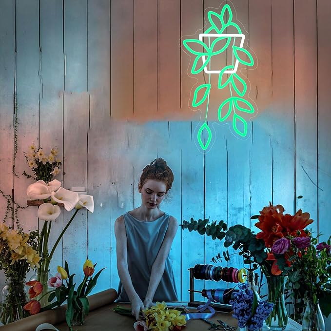 Green Planter Neon Lights,LED Hand Bouquet Neon Signs for Wall Decor, Neon Light Sign Neon Room Decor,USB Night Lights for Bedrooms,Shops,Florists,Bars,Parties,Wedding,Holiday Gifts