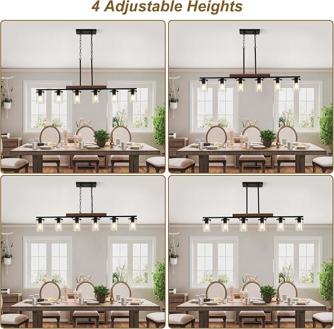 47.2" Farmhouse Dining Room Fixture Over Table, Black Chandelier | 6-Light, Modern Rustic Wood Frame, Adjustable Height, Clear Glass Shade, Ceiling Pendant Lighting for Kitchen Island