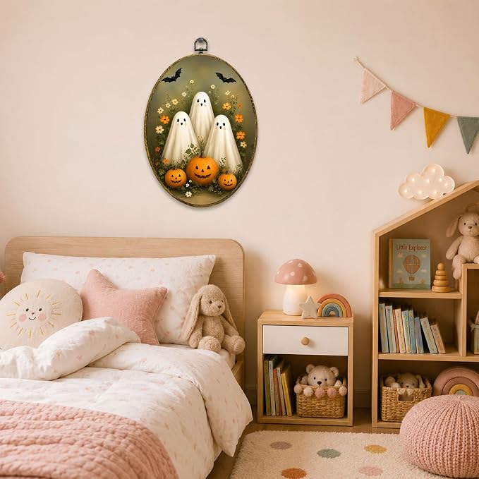 Cute Ghost Pumpkin Oval Wall Art, Framed Canvas Decor, 8.5x11.5 Inch | Three cute ghosts, jack o lantern pumpkins, bats and floral garden Halloween decor