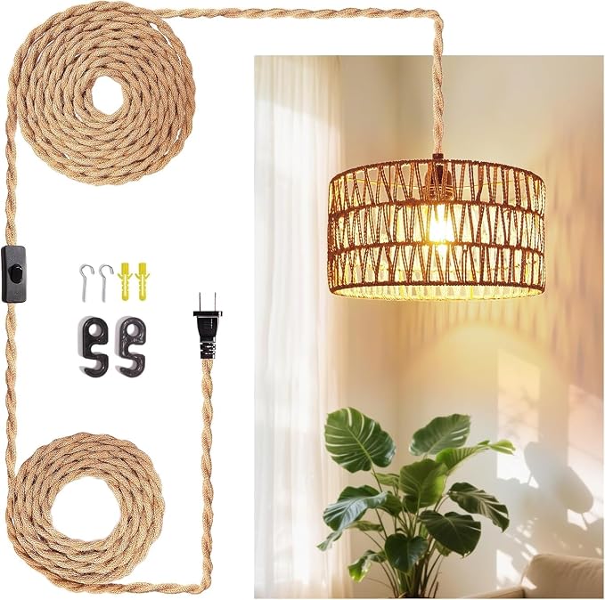 Hanging Light Ceiling Lamp Pendant Lights Rattan Hanging Lamp with Plug in Cord for Living Room Bedroom Kitchen Indoor Hanging Lamp Plug in Woven Lampshade