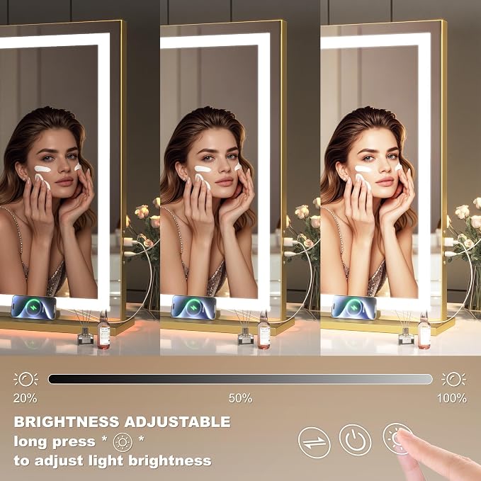 Hasipu Vanity Mirror with Lights, 32" x 24" LED Makeup Mirror, Lighted Makeup Mirror with Dimmable 3 Modes, Touch Screen Control Vanity Mirror Square Gold