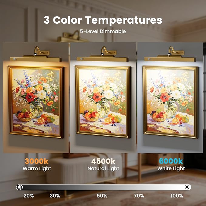 Rechargeable Motion Sensor Picture Light for Wall, 12 Inch, Brass, 2 Pack | Cordless, Magnetic Detachable Bar, Remote Control, 3CCT Dimmable, 4400mAh, for Artworks Paintings