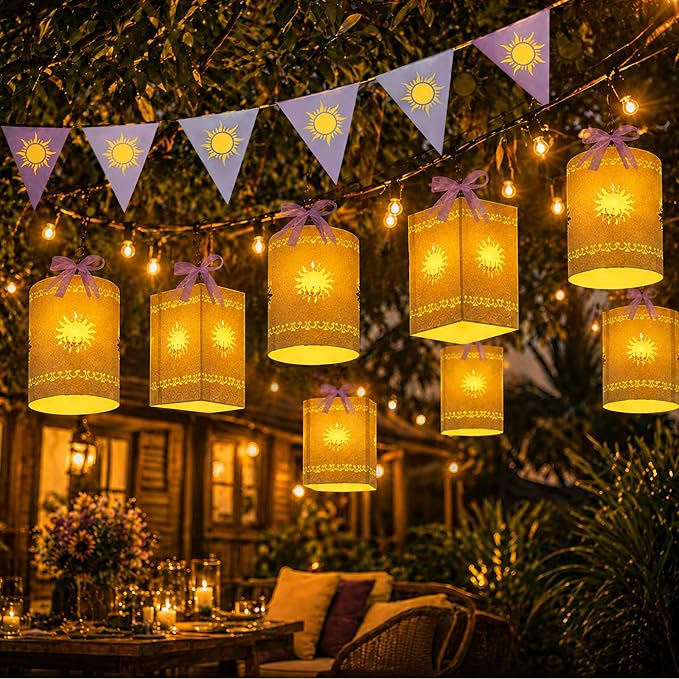 30 Pack Purple Princess Sun Hanging Paper Lanterns DIY Set 2 Pcs Purple Sun Flag Hanging Banner Square Round Cutout Decor for Birthday Wedding Party Decor (Light String Not Included)