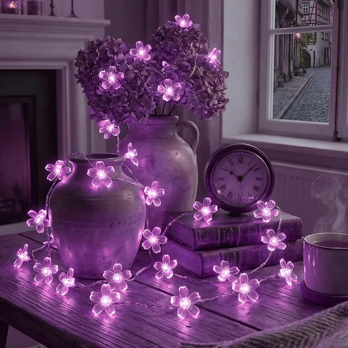 Flower Battery Operated Indoor String Lights 30L Cherry Blossom Fairy Light | Waterproof Outdoor Garden Party Camping Birthday Wedding Room Purple