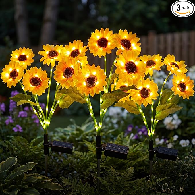 Brightown 3 Pack 6 Head Solar Sunflower Garden Stake Lights Waterproof | 18 glowing stem sunflowers, waterproof solar powered, auto on off decorative stakes for yard, patio, lawn outdoor decoration
