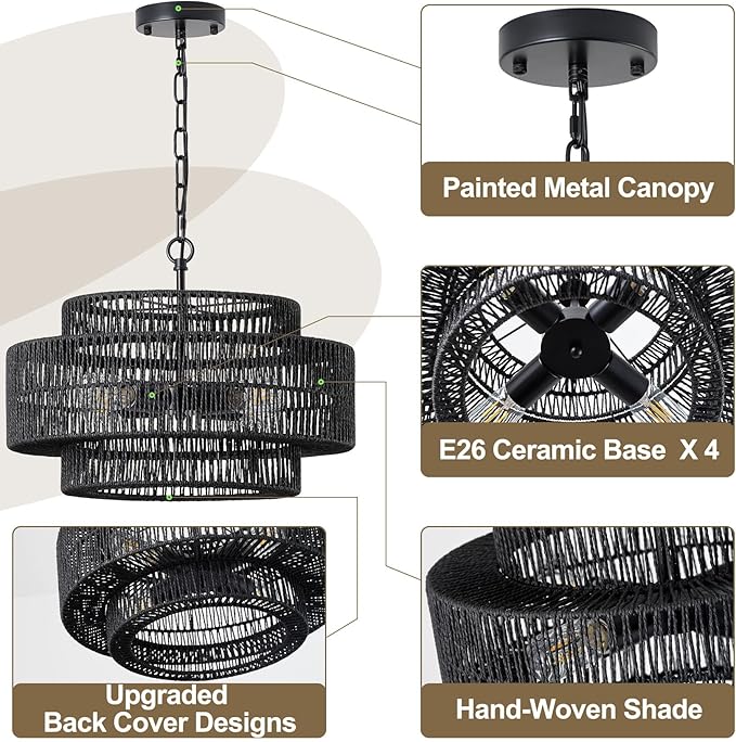 17.7" Black Large Boho Rattan Chandeliers for Dining Room, 4-Light Rattan Hand-Woven Farmhouse Drum Chandelier Pendant Light Fixture for Kitchen Island Bedroom Living Room Entryway Foyer