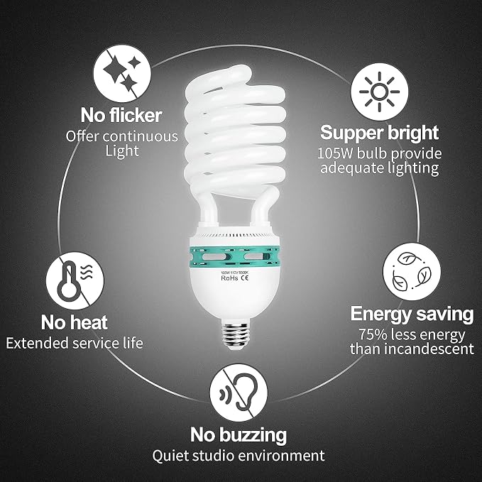 EMART Full Spectrum Light Bulb, 105W Spiral CFL 5500k Daylight for Softbox Lighting Kit, Replacement Lamp for Photography Photo Video Studio, Household Use, Portrait Shooting -2PACK