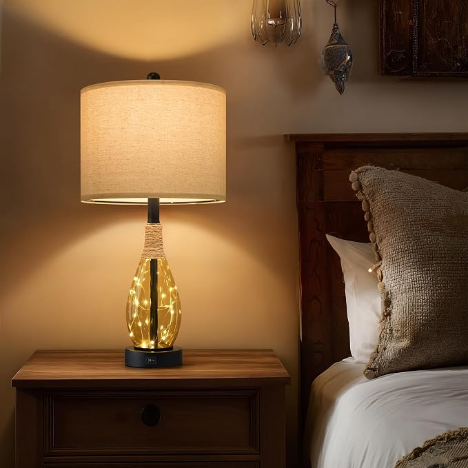 23" Table Lamps for Living Room Set of 2 Bedside Lamps for Night Stands Bedroom Lamps Farmhouse Rattan Boho Lamp Glass Nightlight End Table Lamp,Two Light Points