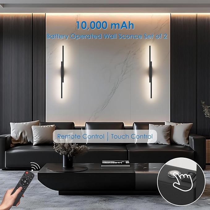 Aipsun Black Wall Sconces Set of Two Battery Operated Wall Sconces 3000K-6000K Dimmable LED Wireless Wall Lights for Living Room,Bedroom,10,000mAh,23.6Inch (2 Pack)