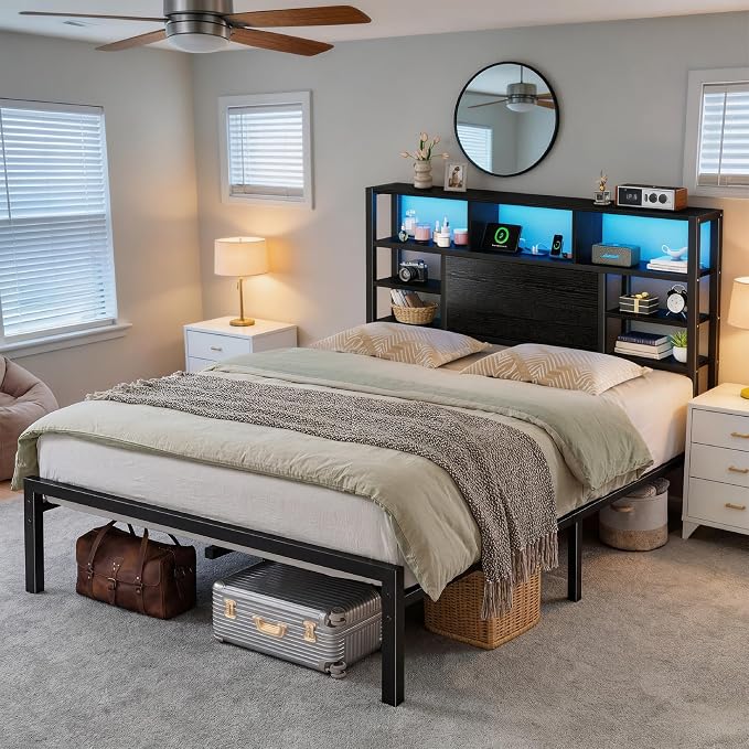 Homkdom Full Bed Frame with Storage Headboard and Charging Station，Black | LED Lights，12.2" Under-Bed Storage，Supports up to 1100 LBS，No Box Spring Needed，Noise-Free,Easy Assembly