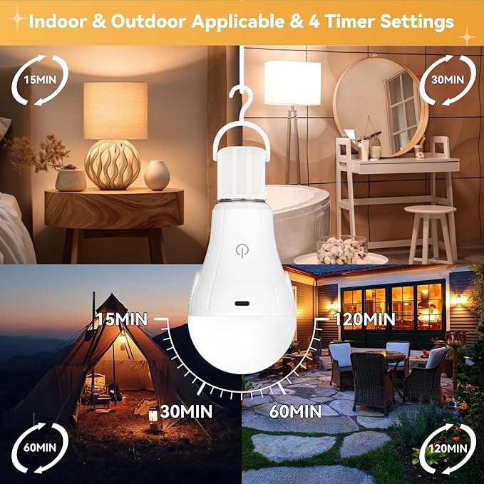Neporal MagicGlow Rechargeable Solar Light Bulbs with Remote, USB+Solar Rechargeable Bulbs,3 Colors Shift + Dimmable Battery Light Bulb, A19 Emergency LED Light Bulbs, 15W, Up to 24 Hours, 2 Pack