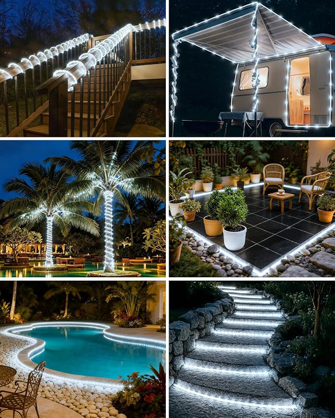 btfarm Solar Rope Lights, 120LED 46FT String Lights Outdoor Waterproof | 8 Modes, Timer & Memory Function, Tube Trampoline lighting for Outside Garden Tree Christmas Yard Patio Decor, Cool White