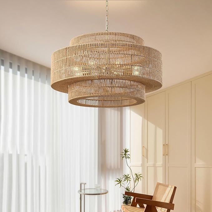 31.5"Large Boho Rattan Farmhouse Chandeliers for Dining Room,8-Light Rattan Hand-Woven Rustic Drum Chandelier Pendant Light Fixture for Kitchen Island Bedroom Living Room Entryway Foyer(Brown)