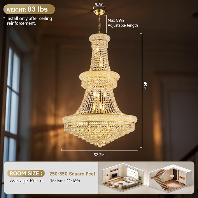 32" W 27 Light Luxury Foyer Chandeliers, Unique Empire K9 Crystal Chandelier for High Ceiling Foyer Entryway Living Room (Gold)