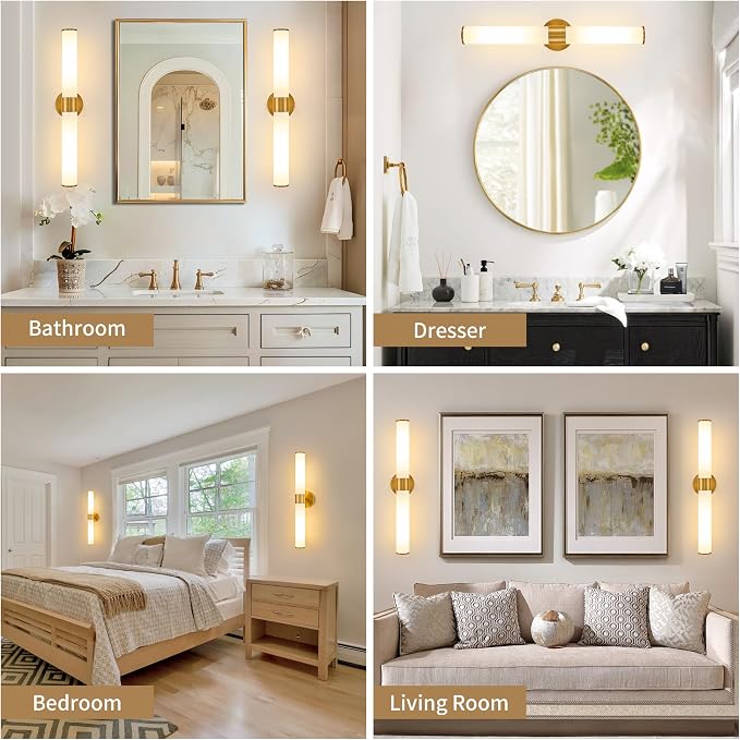 Morauroral Gold Battery Operated Wall Sconces Set of 2, Rechargeable Wall Lights with Remote Control, 20 Inch Modern Wireless Wall Lamp for Bedroom, Living Room (Bulbs Included)