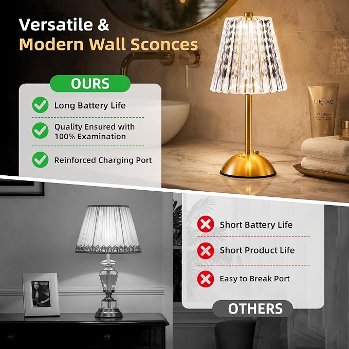 Cordless Gold Table Lamp Rechargeable Touch Desk Lamp with 3 Color Temps | Small Dimmable Table Lamp With Crystal - Battery Operated Nightstand Lamp for Bedroom/Dining Table/Restaurant/Kitchen/Bar
