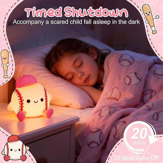 Softball Night Light, Softball Gifts for Girls, Soft Silicone Nursery Dimmable LED Lamp, Touch Rechargeable Bedroom Decor for Kids Baby Teen Athlete Sports Lover, Bedside Birthday Xmas Gifts Idea