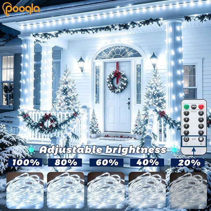 Rope Lights Outdoor, 2 x 100LED Cool White Battery String Lights | Rope Lights Outdoor with 8 Modes Remote&Timer, Waterproof Battery Operated Camping Lights for Car Trampoline