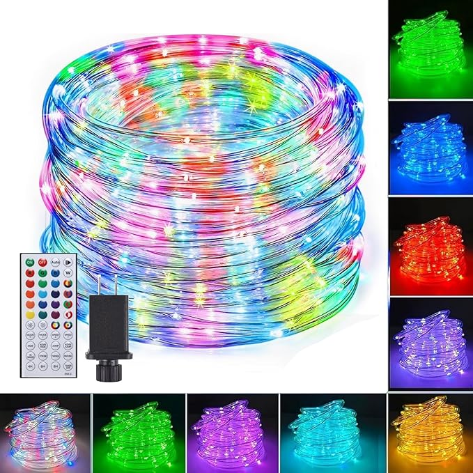 Vigdur 33FT Rope Lights Outdoor, 100 LEDs 20 Color Changing Rope Lights Waterproof with Remote & Timer & 12 Lighting Modes, Outdoor String Lights for Xmas Garden Fence Tree Party