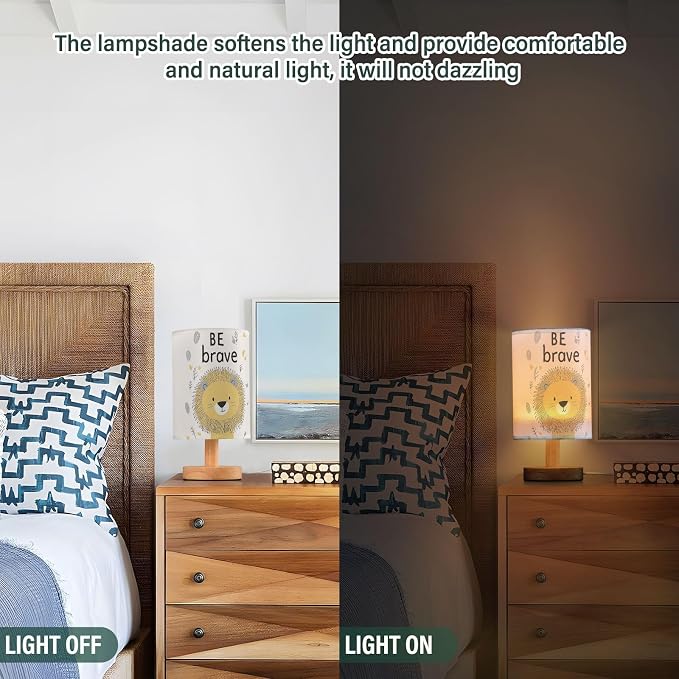 Be Brave Cute Lion Positive Inspirational Bedside Table Lamps with USB Port for Bedroom LampSmall Nightstand Lamp Sturdy Linen Shade Wooden Base Decorative Lamps for Nursery Kids Reading Dorm Home