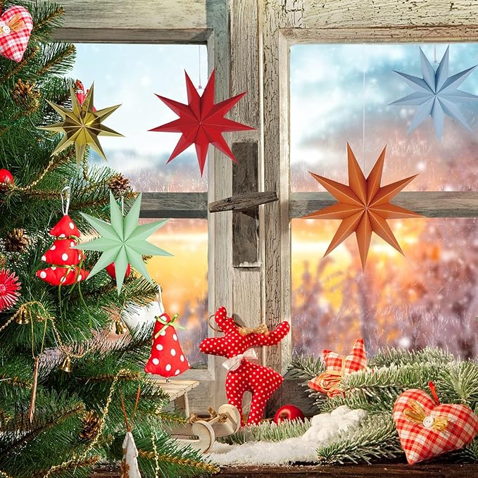 5Pack 9-Pointed Paper Star Lantern 11.8 inch Hanging Paper Lampshade for Winter Wonderland Xmas Day Decoration Wedding Birthday Party Home Decor (Multi-Colored)