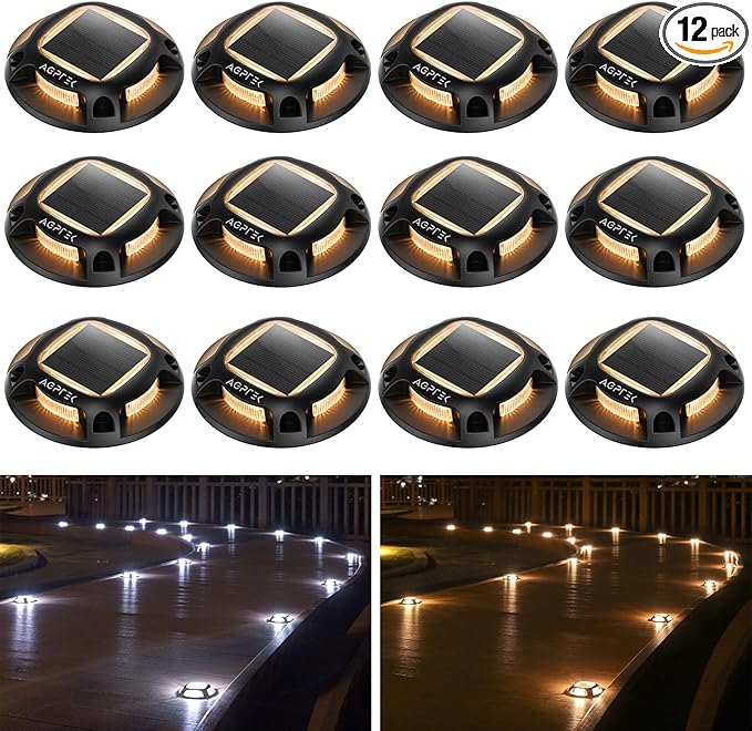 AGPTEK Solar Driveway Lights Outdoor 12 Pack, 2 Color Modes LED Deck Dock Marine Waterproof Driveway Marker Lights for Step Sidewalk Stair Garden Pathway Walkway Yard (Warm White/Cool White, Black)