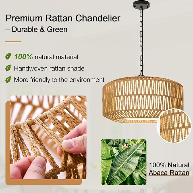 Farmhouse Chandelier Light Fixture, 5-Light Rattan Boho Chandeliers for Dining Room, Hand Woven Pendant Light with Linen Shade, Rustic Hanging Lighting for Kitchen Island, Bedroom (Bulb Not Included)
