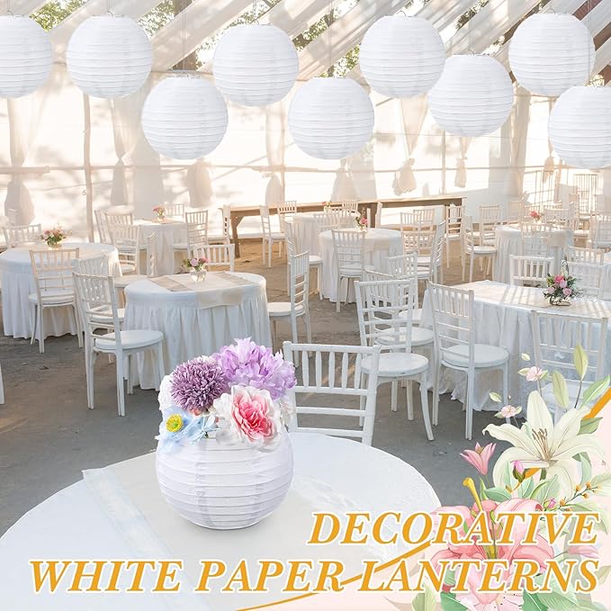 Treela 48 Pack White Chinese Japanese Paper Lanterns Decorative Hanging Ball Round Paper Lantern Lamps for Wedding Birthday Party Home Decorations (8 Inch)
