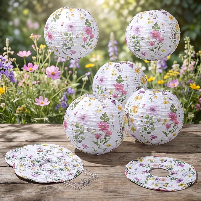 12 Pcs Floral Paper Lanterns Tea Party Decorations Flower Wildflower Spring Birthday Party Decoration Flower 10 Inch Hanging Round Paper Lanterns for Wedding Bridal Shower Baby Shower Decor
