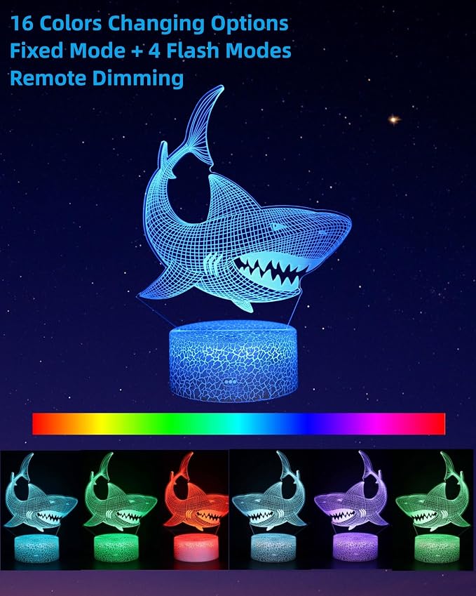 Shark 3D Illusion Night Light, 3 Patterns, Lamp for Boy Girl Kid | 16 Colors Changing, Dimmable, Touch & Remote Control, Room Bedroom Decor, Birthday Christmas Gift Toy Baby Toddler Teenage