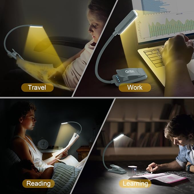 Gritin 9 LED Rechargeable Book Light for Reading in Bed | Eye Caring 3 Color Temps,Stepless Dimming Brightness,80 Hrs Runtime Small Lightweight Clip On Book Reading Light-Pacific Blue