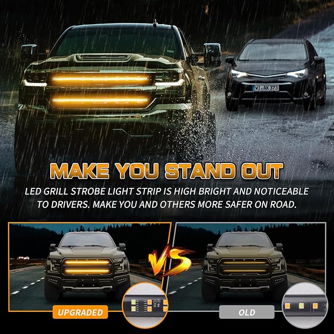 XRIDONSEN 2PCS 30 inch Amber Grill Lights Strip 360 LED Truck Strobe Lights Exterior Grille Front/Rear Emergency Flashing Warning Hazard Safety Caution Light for Tow Plow Trucks Construction Vehicles