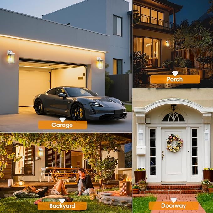2-Pack 13" White Dusk to Dawn Wall-Mounted Exterior Light Fixtures | Auto On and Off, Anti-Rust Metal Frame, Tempered Glass, E26 Socket, Easy DIY Install on Porch, Garage