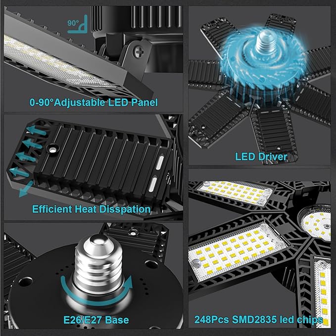 LED Garage Light 6 Pack - 200w 20000LM 6500K Garage Lights Ceiling LED with 7+1 Adjustable Panels, Shop Lights Screw in E26 E27 Bulb Socket for Workshop, Storage Room, Basement, Warehouse