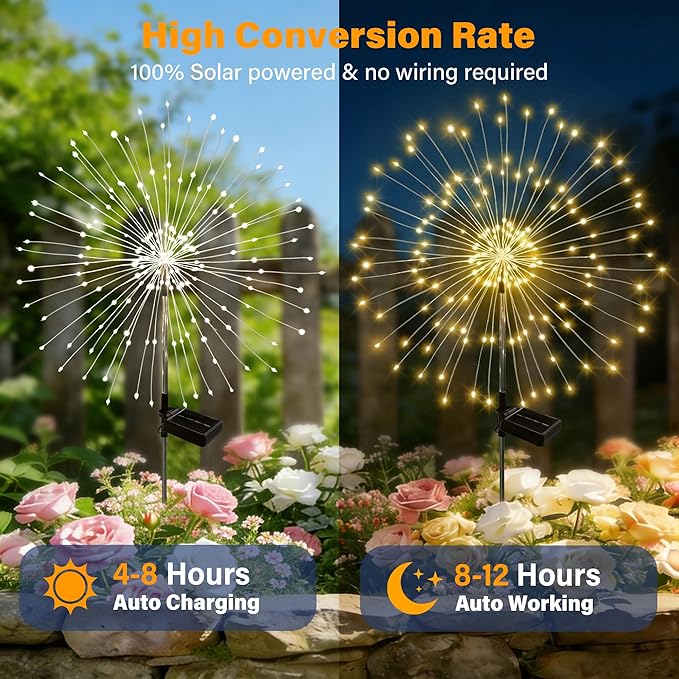 Solar Garden Lights Outdoor Decor Waterproof, 2Pack 120LED Firework Lights for Garden Decorative, Fairy Lights Solar Powered for Yard, Patio,Pathway,Flowerbed,Planter,Party(Warm White)