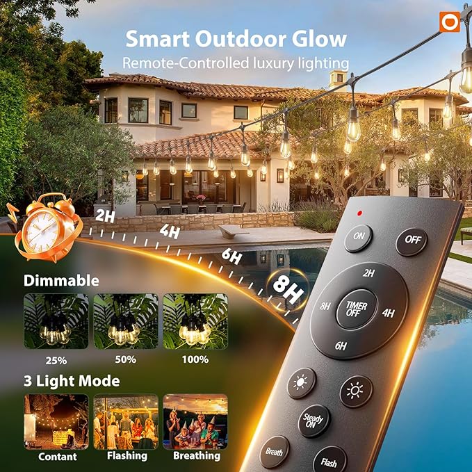 addlon 50FT Outdoor String Lights with Remote Dimmable Waterproof Patio | Warm White Edison Bulbs, Heavy Duty Shatterproof Hanging Strand for Outside Backyard Porch Garden Bistro Pergola Party