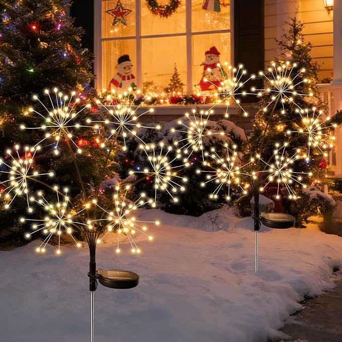 2 Pack Solar Garden Lights Outdoor Waterproof, New Upgraded 6 Branches Firework Starburst Lights with 2 Modes, Solar Fairy Lights for Yard Garden Patio Pathway Party Decor - Warm White