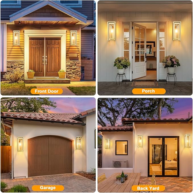 15" Outdoor Wall Lights, Gold Exterior Lighting Fixtures, 2 Pack | Large Size, Anti-Rust, Waterproof, Tempered Glass, Easy Installation, Modern & Classic Outdoor Sconces for House Porch Garage