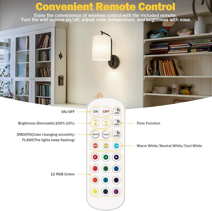 Battery Operated Wall Sconce Set of 2, Black Wall Light Fixture | Rechargeable Wall Mount Light, Dimmbale Bulb & Remote, 12 RGB Colors & Timer, Wireless Wall Lamp White Shade, Bedroom Hallway