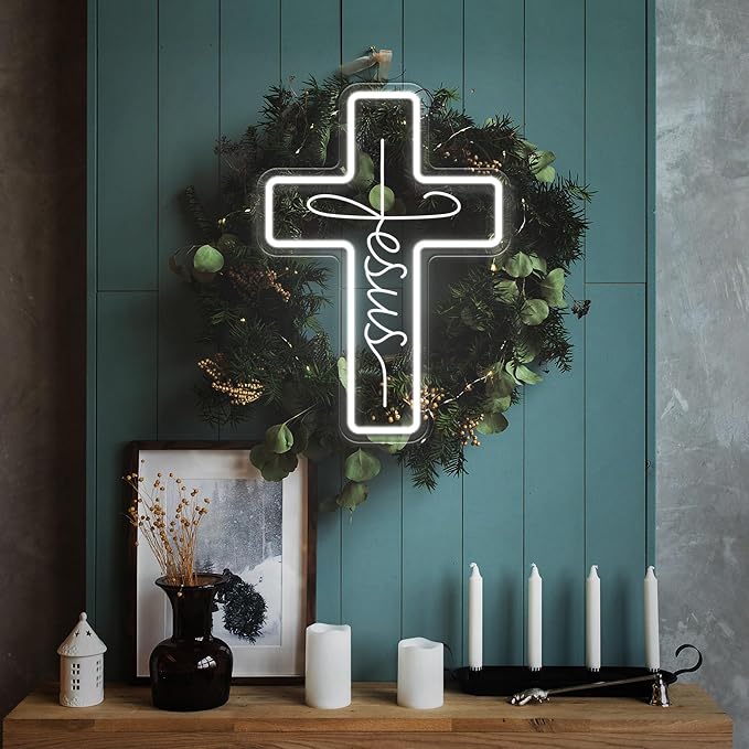 Jesus Cross Neon Signs, Dimmable LED Neon Lights for Wall Decor Bedroom Home Room Party Decor, Light Up Sign for Wedding Christmas Easter Celebrations New Year Gifts