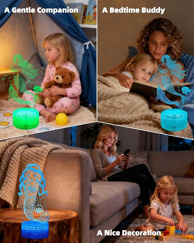 Mermaid 3D Illusion Night Light, 2 Patterns, Girl Gift LED Lamp | 16 Colors Changing, Dimmable, Touch & Remote Control, Room Bedroom Bedside Decor, Birthday Christmas Toy Idea for Kid Teen
