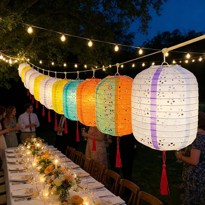 5PCS Colorful Paper Lanterns 6inches Oval Shaped with LED Lights Hollow Out Hanging with Tassels Walking Sticks for Dinner Party Outdoor Holiday and Birthday Decorations