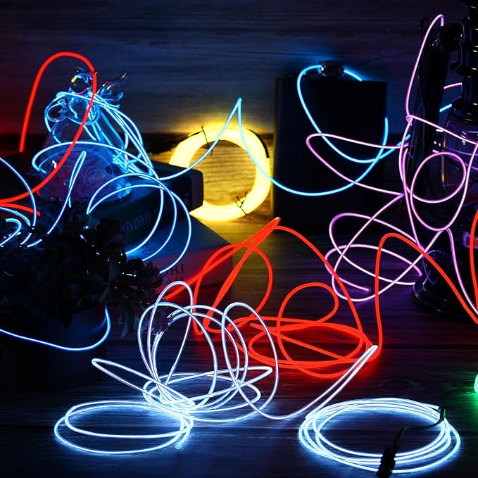 Hortsun 15 Pack 13ft Neon Light El Wire Portable Cuttable Neon Glowing Battery Powered LED Lights Glow in The Dark with Battery Pack for Halloween Party