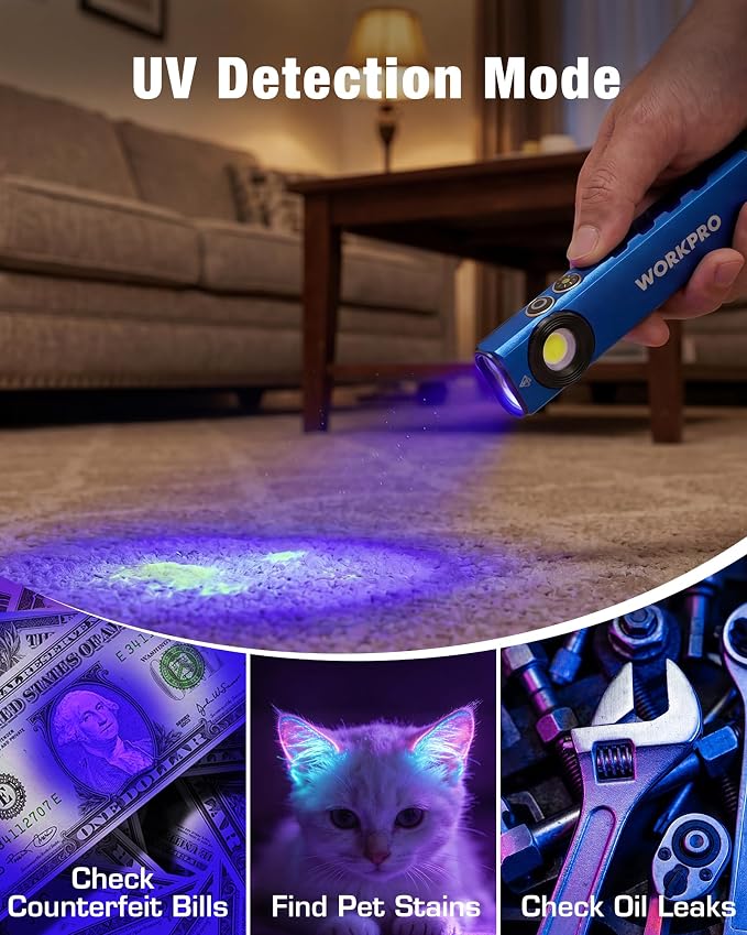 WORKPRO Rechargeable Pocket Flashlight, Magnetic EDC Light with UV, Blue | Compact, 600 Lumens LED & UV Light, 2 Magnetic Bases, Pocket Clip, 7 Modes, Garage, Repair & Emergency Use