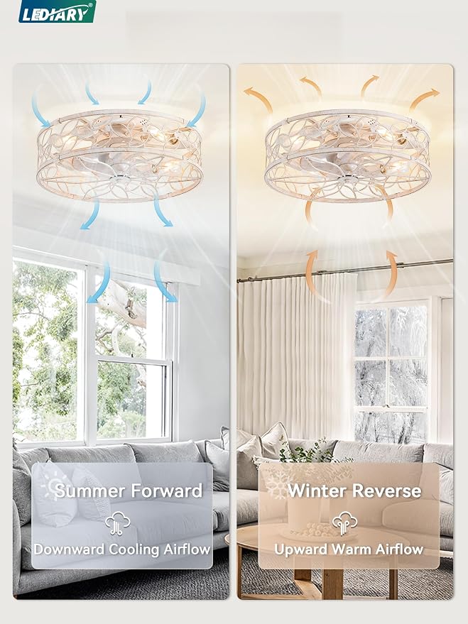 LEDIARY 20" Caged Ceiling Fan with Light, Flush Mount Fandalier with Remote | Low Profile, Farmhouse Small, Bladeless Industrial, Quiet DC Motor, App Control for Bedroom, Kitchen, Dining Room, White Gold