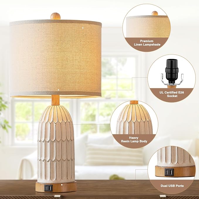 Farmhouse Table Lamps Set of 2,Nightstand Bedside Lamps for Bedroom | 3-Way Dimmable Touch Control,2 USB Charging Ports,Boho,White, Vintage, LED Bulbs Included, Living Room,End Table