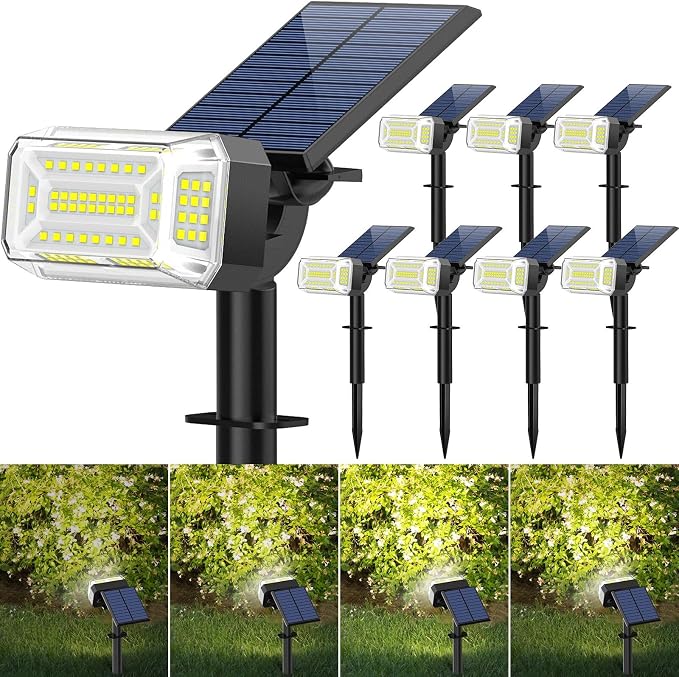 102 LEDs Solar Spot Lights Outdoor, 8 Pack Cool White Solar Spotlights | 4 Modes, Waterproof IP65, Adjustable Light & Panel Landscape Flood Powered Lights for Yard Garden Pathway Wall
