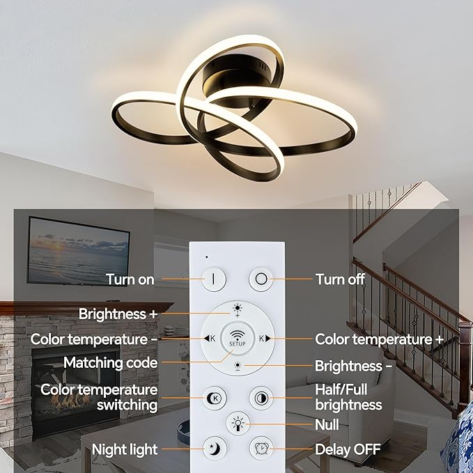 Modern LED Chandelier, 50W LED Ceiling Light with Remote Control, 3000-6000K Color Temperature Changing, Balck Chandelier for Bedroom, Entryway, Hallway, Kitchen